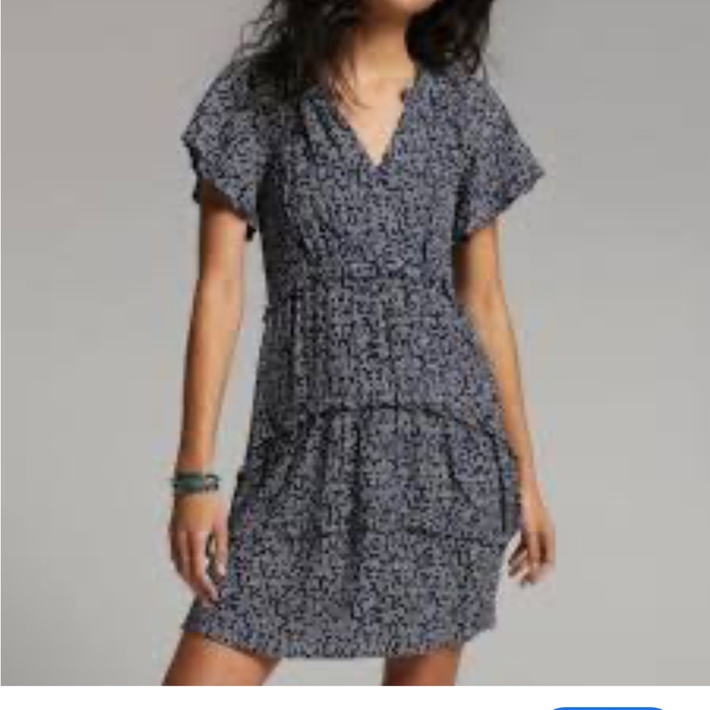 ANTHROPOLOGIE Robin Tiered Ruffle Dress‎ in Navy and White Polka Dot